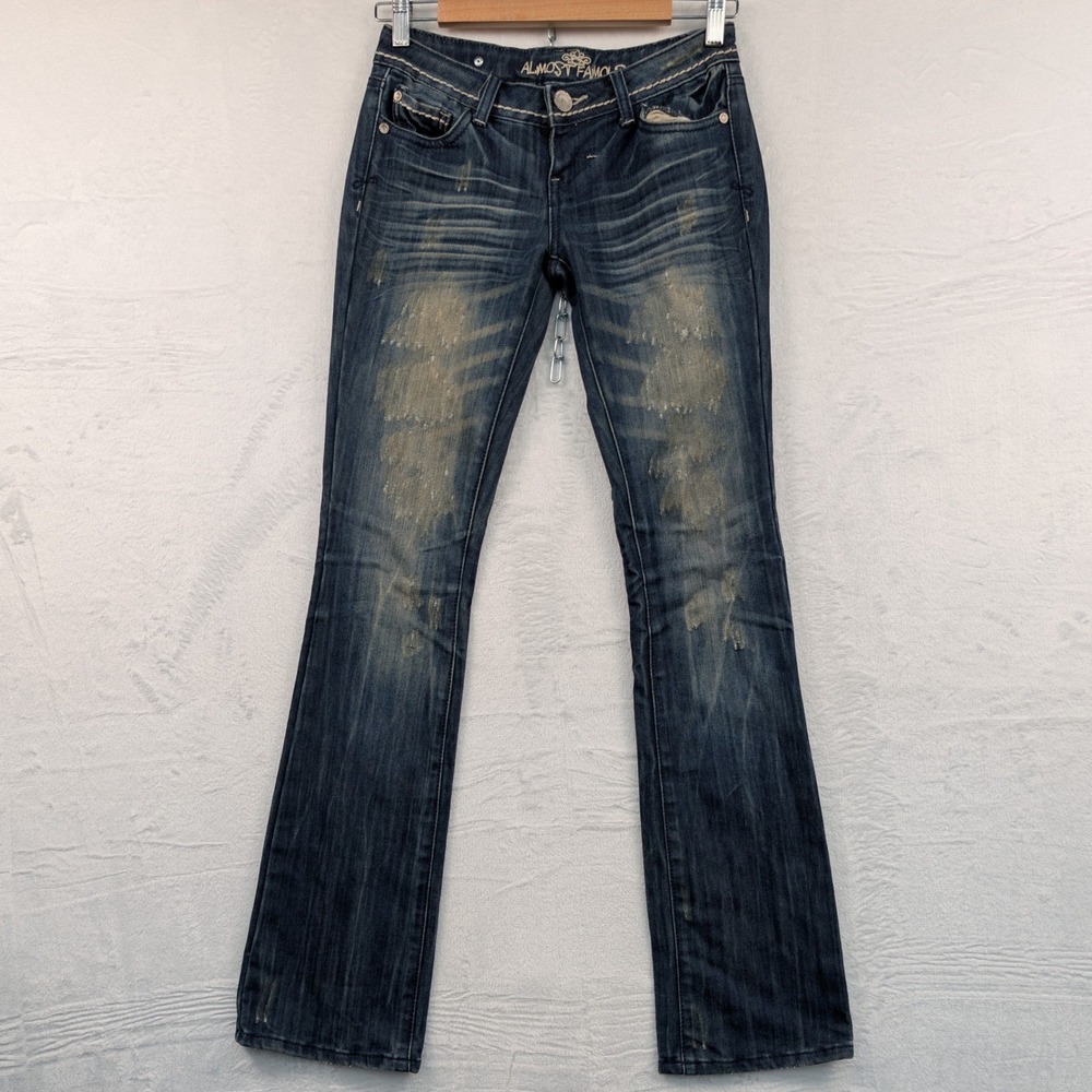 VTG Almost Famous Jeans Women's 0 Blue Low Rise Slim Bootcut Flare McBling Y2K